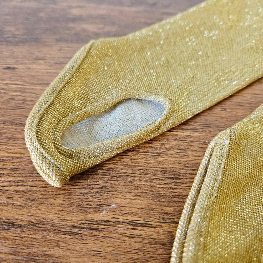 Vtg 50s 60s Gold Lurex Metallic Fingerless Thumb Hole Elbow Length Gloves